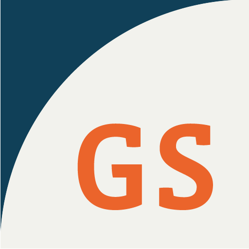 Large orange letters ‘GS’ centered on a light gray background, with a dark blue curved shape in the top-left corner.